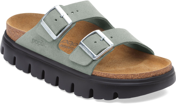 Quarter turn view Women's Birkenstock Footwear style name Arizona Chunky Suede Narrow in color Pure Sage. Sku: 1031451