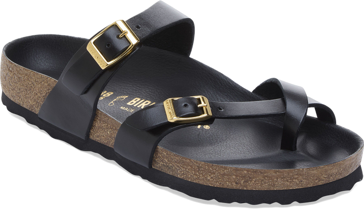 Quarter turn view Women's Birkenstock Footwear style name Mayari Leather in color Black. Sku: 1031482