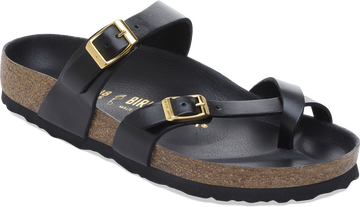 Quarter turn view Women's Birkenstock Footwear style name Mayari Leather in color Black. Sku: 1031482