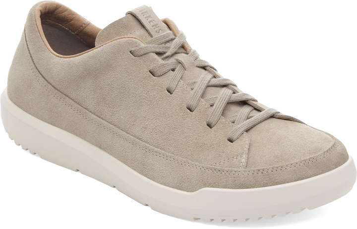 Quarter turn view Men's Birkenstock Footwear style name Melbourne Suede in color Taupe. Sku: 1031538
