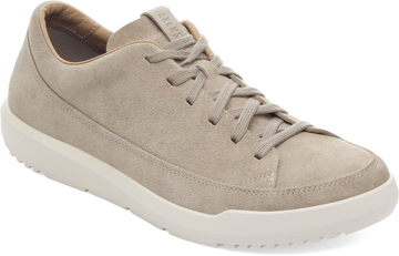 Quarter turn view Men's Birkenstock Footwear style name Melbourne Suede in color Taupe. Sku: 1031538