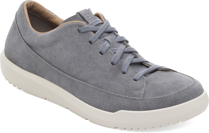 Quarter turn view Men's Birkenstock Footwear style name Melbourne Suede in color Basalt Gray Suede. Sku: 1031544