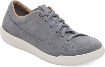 Quarter turn view Men's Birkenstock Footwear style name Melbourne Suede in color Basalt Gray Suede. Sku: 1031544