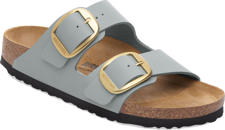 Quarter turn view Women's Birkenstock Footwear style name Arizona Big Buckle Birko Flor Narrow in color Stone Coin. Sku: 1031558