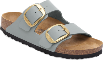 Quarter turn view Women's Birkenstock Footwear style name Arizona Big Buckle Birko Flor Narrow in color Stone Coin. Sku: 1031558