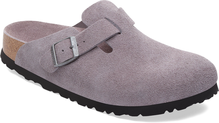 Quarter turn view Women's Birkenstock Footwear style name Boston Soft Footbed Suede Narrow in color Faded Purple. Sku: 1031577