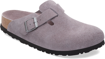 Quarter turn view Women's Birkenstock Footwear style name Boston Soft Footbed Suede Narrow in color Faded Purple. Sku: 1031577