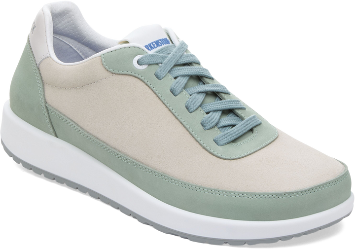 Quarter turn view Women's Birkenstock Footwear style name Honnef City Suede Nubuck Narrow in color White/ Pure Sage. Sku: 1031593