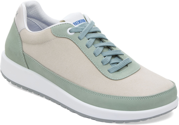 Quarter turn view Women's Birkenstock Footwear style name Honnef City Suede Nubuck Narrow in color White/ Pure Sage. Sku: 1031593