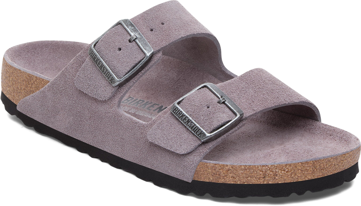 Quarter turn view Women's Birkenstock Footwear style name Arizona Soft Footbed Suede Regular in color Faded Purple. Sku: 1031660