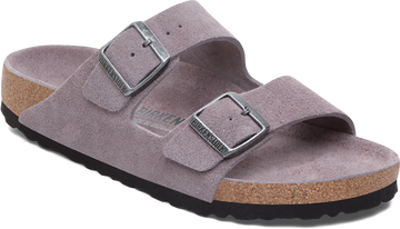 Quarter turn view Women's Birkenstock Footwear style name Arizona Soft Footbed Suede Regular in color Faded Purple. Sku: 1031660