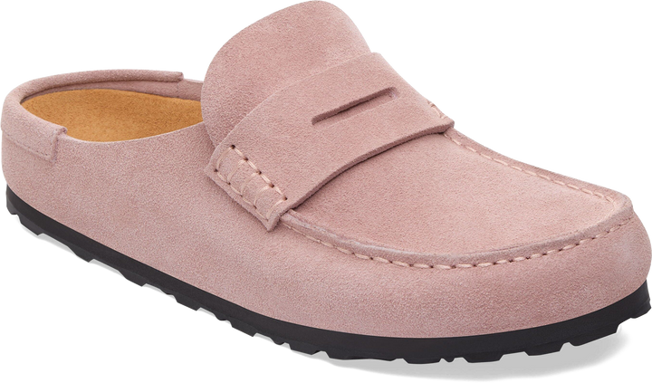 Quarter turn view Women's Birkenstock Footwear style name Naples Suede Narrow in color Pink Clay. Sku: 1031683
