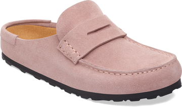 Quarter turn view Women's Birkenstock Footwear style name Naples Suede Narrow in color Pink Clay. Sku: 1031683