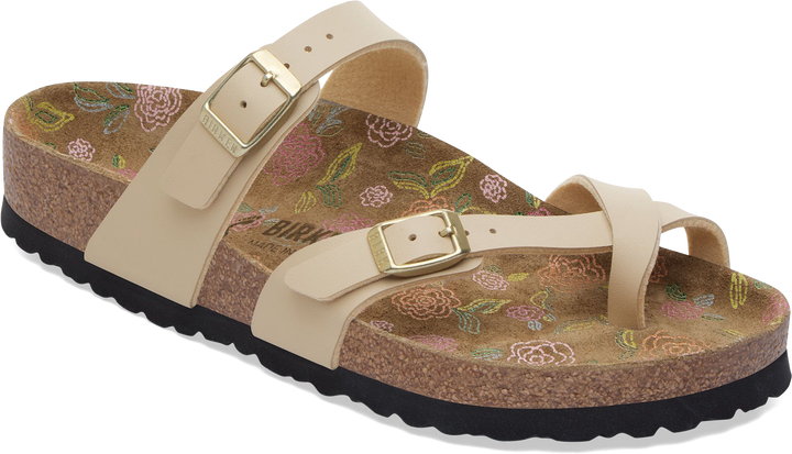 Quarter turn view Women's Birkenstock Footwear style name Mayari Birko Flor Regular in color Oswego Canvas. Sku: 1031692