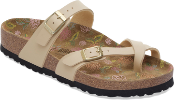 Quarter turn view Women's Birkenstock Footwear style name Mayari Birko Flor Regular in color Oswego Canvas. Sku: 1031692