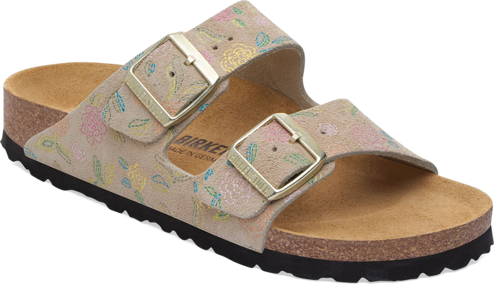 Quarter turn view Women's Birkenstock Footwear style name Arizona Suede Regular in color Flowers Sandcastle. Sku: 1031694