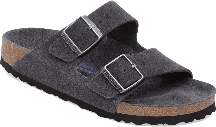 Quarter turn view Men's Birkenstock Footwear style name Arizona Soft Footbed Suede Regular in color Charcoal. Sku: 1031721