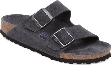 Quarter turn view Men's Birkenstock Footwear style name Arizona Soft Footbed Suede Regular in color Charcoal. Sku: 1031721