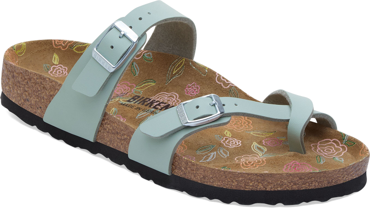 Quarter turn view Women's Birkenstock Footwear style name Mayari Birko Flor Regular in color Pure Sage. Sku: 1031742