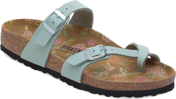 Quarter turn view Women's Birkenstock Footwear style name Mayari Birko Flor Regular in color Pure Sage. Sku: 1031742