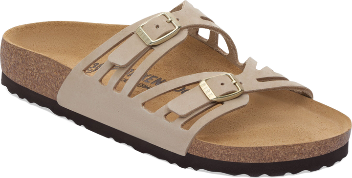 Quarter turn view Women's Birkenstock Footwear style name Granada Nubuck Regular in color Sandcastle. Sku: 1031805