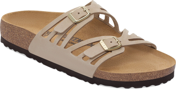 Quarter turn view Women's Birkenstock Footwear style name Granada Nubuck Regular in color Sandcastle. Sku: 1031805