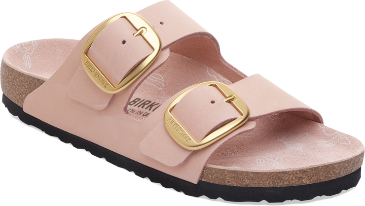 Quarter turn view Women's Birkenstock Footwear style name Arizona Big Buckle Nubuck Narrow in color Soft Pink. Sku: 1031855