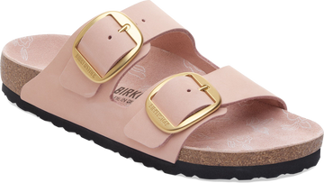 Quarter turn view Women's Birkenstock Footwear style name Arizona Big Buckle Nubuck Narrow in color Soft Pink. Sku: 1031855