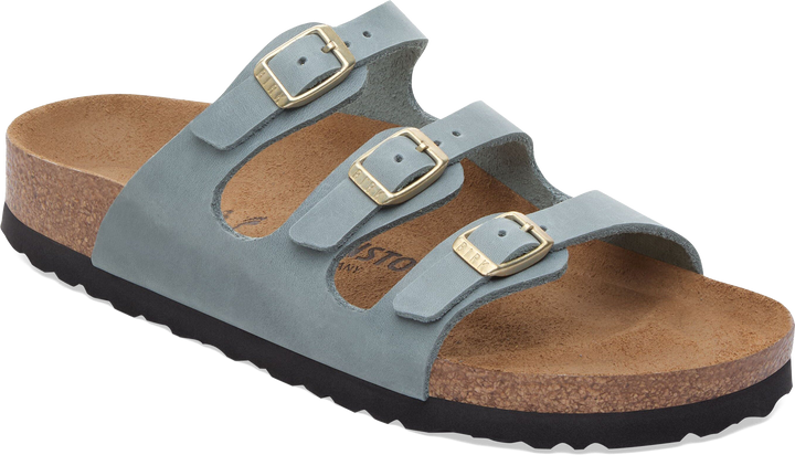 Quarter turn view Women's Birkenstock Footwear style name Florida Oiled Regular in color Basalt Gray Suede. Sku: 1031857