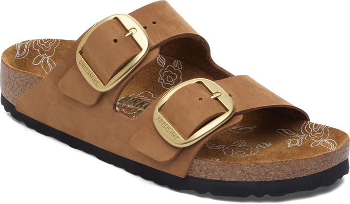 Quarter turn view Women's Birkenstock Footwear style name Arizona Big Buckle Nubuck Narrow in color Mink. Sku: 1031865