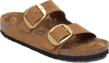Quarter turn view Women's Birkenstock Footwear style name Arizona Big Buckle Nubuck Narrow in color Mink. Sku: 1031865