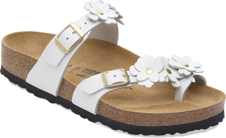 Quarter turn view Women's Birkenstock Footwear style name Mayari Flower Leather Regular in color White. Sku: 1032043