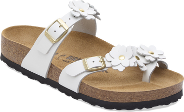 Quarter turn view Women's Birkenstock Footwear style name Mayari Flower Leather Regular in color White. Sku: 1032043