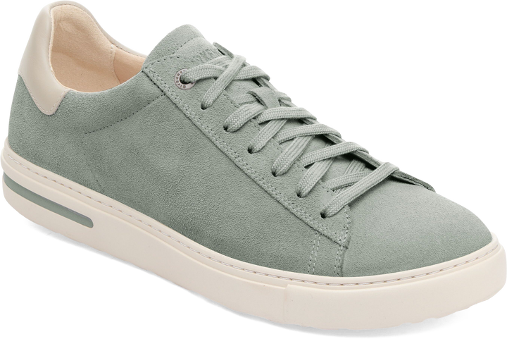 Quarter turn view Women's Birkenstock Footwear style name Bend Suede Narrow in color Sage/ Oyster. Sku: 1032062