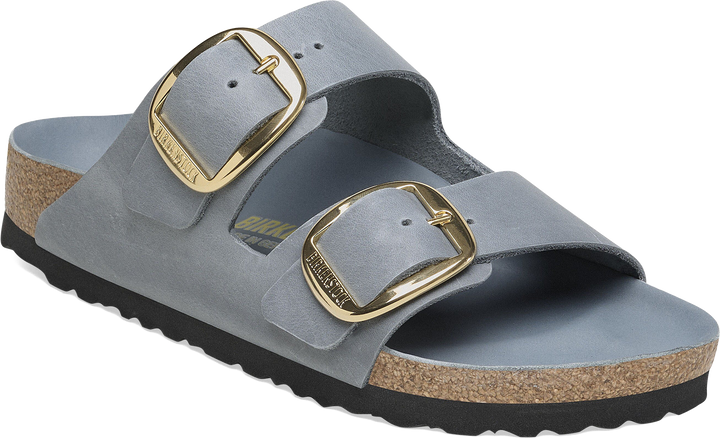 Quarter turn view Women's Birkenstock Footwear style name Arizona Big Buckle Oiled Narrow in color Basalt Gray Suede. Sku: 1032071