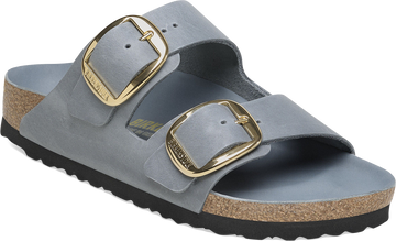 Quarter turn view Women's Birkenstock Footwear style name Arizona Big Buckle Oiled Narrow in color Basalt Gray Suede. Sku: 1032071