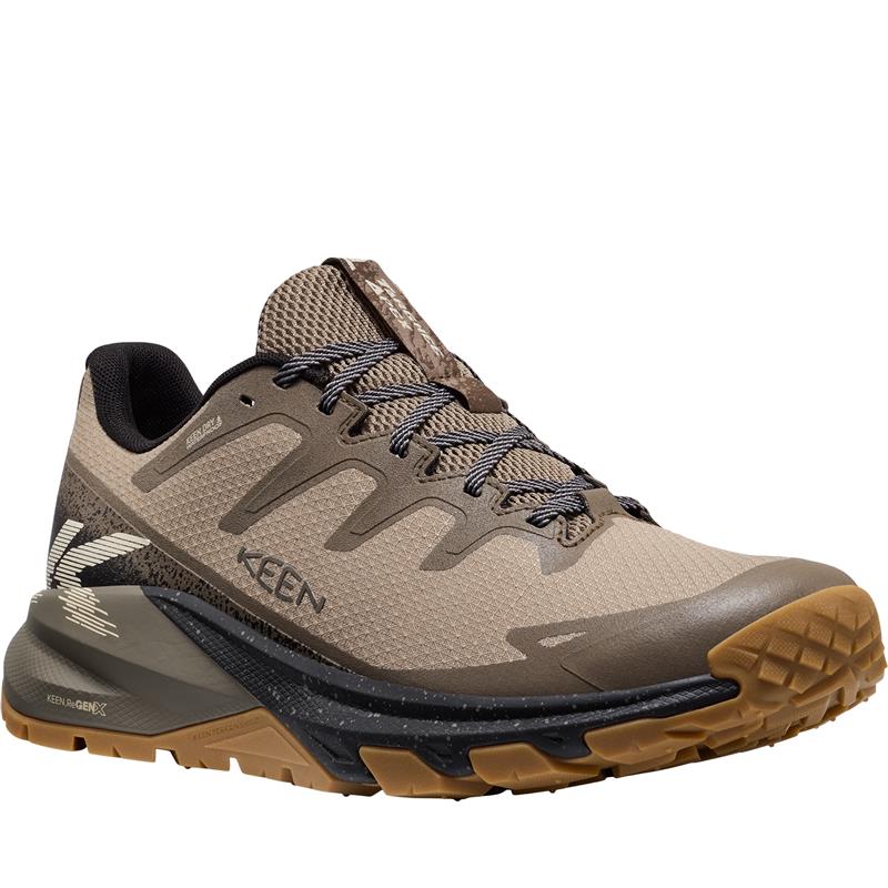 Brown and black hiking shoe with KEEN branding on a white background