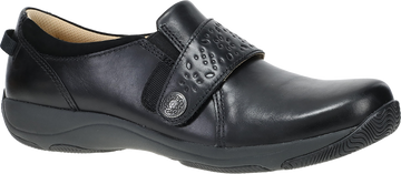 Quarter turn view Women's Dansko Footwear style name Sallie Wide in color BLK WAX BN. Sku: 10404020200