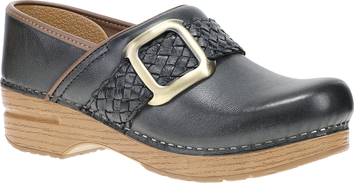Quarter turn view Women's Dansko Footwear style name Pro Braided Clog in color Black. Sku: 10600026112