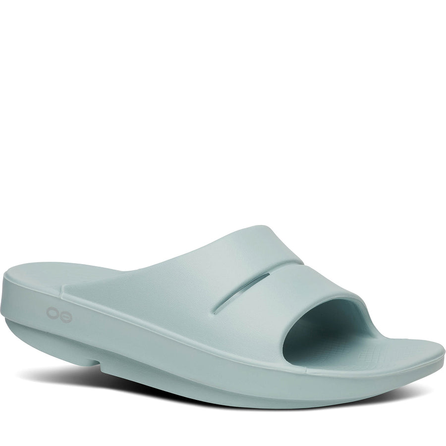 Quarter turn Women's Oofos Footwear style name Ooahh Slide in color Mist. Sku: 1100MIST