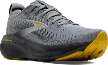 Quarter turn view Men's Brooks Footwear style name Adrenaline GTS 25 Medium in color GRY/EB/JAS. Sku: 110454-1D044