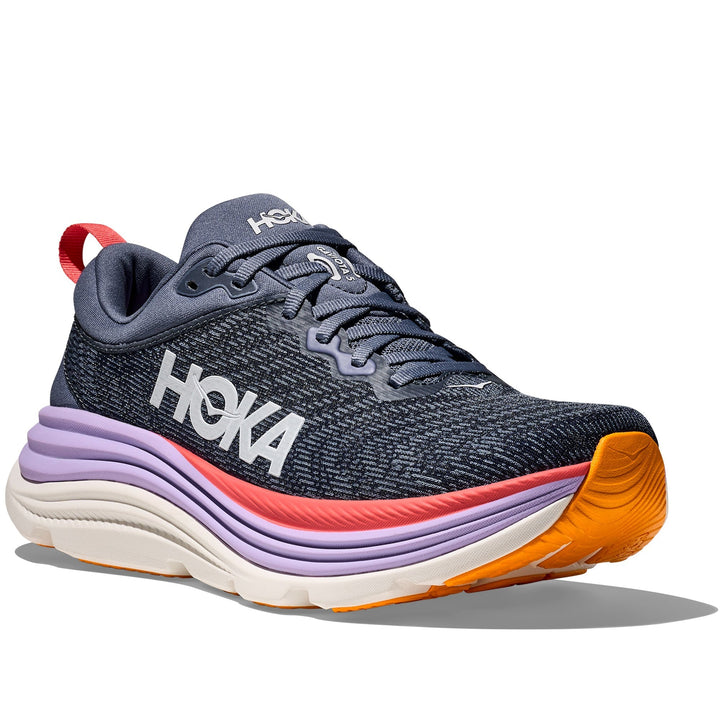 Quarter turn view Women's Hoka Footwear style name Gaviota 5 Wide in color Anchor/ Grapefruit. Sku: 1134270-ARP