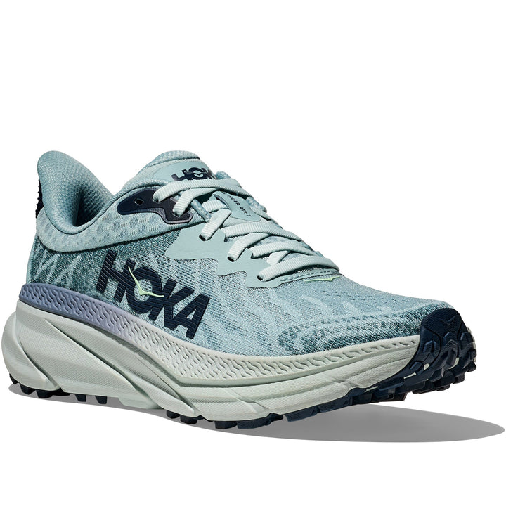Quarter turn view Women's Hoka Footwear style name Challenger Atr 7 Wide in color Druzy/ Droplet. Sku: 1134500-DRZY