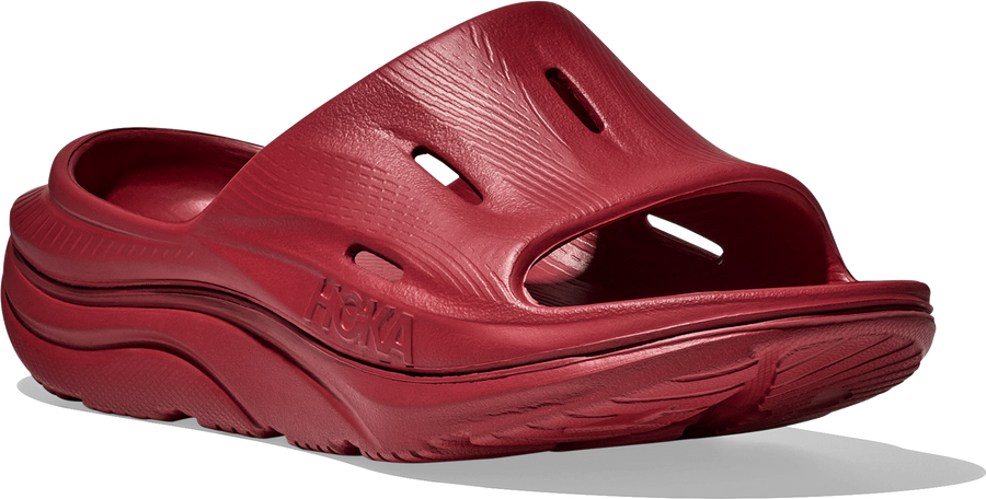 Quarter turn view Women's HOKA Footwear style name Ora Recovery Slide 3 in color PRPP. Sku: 1135061-PRPP