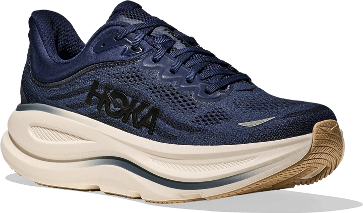 Quarter turn view Men's HOKA Footwear style name Bondi 9 in color Midnight Blue/ Varsity Navy. Sku: 1162011-MVR