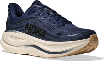 Quarter turn view Men's HOKA Footwear style name Bondi 9 in color Midnight Blue/ Varsity Navy. Sku: 1162011-MVR