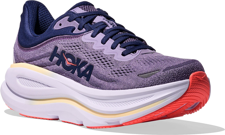 Quarter turn view Women's HOKA Footwear style name Bondi 9 in color Berry Jam. Sku: 1162012-BJM