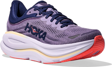 Quarter turn view Women's HOKA Footwear style name Bondi 9 in color Berry Jam. Sku: 1162012-BJM