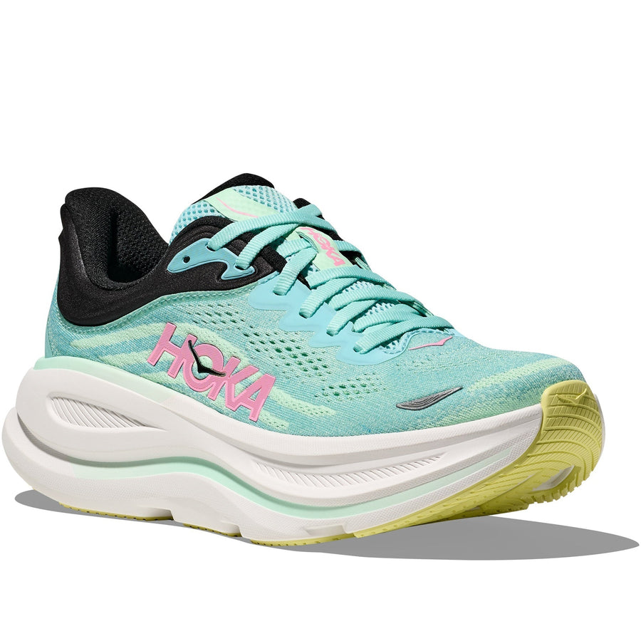 Quarter turn view Women's Hoka Footwear style name Bondi 9 in color Blue Spark/ Mint Fluorite. Sku: 1162012-BTF