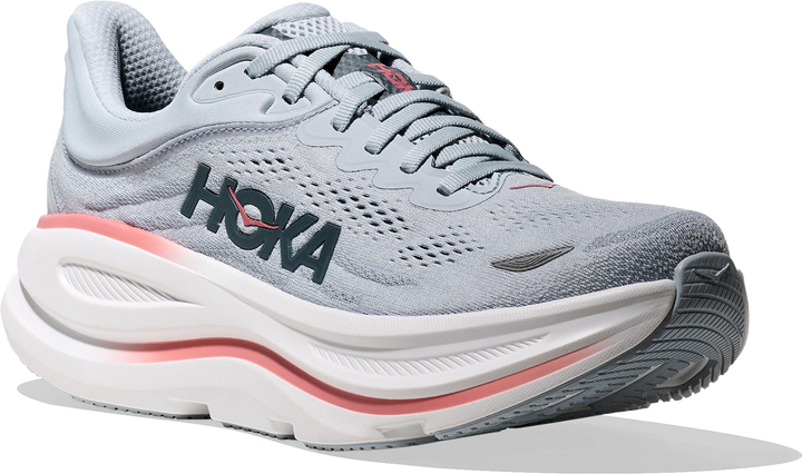 Quarter turn view Women's HOKA Footwear style name Bondi 9 in color Mineral Blue/ Washed Blue. Sku: 1162012-MBLW